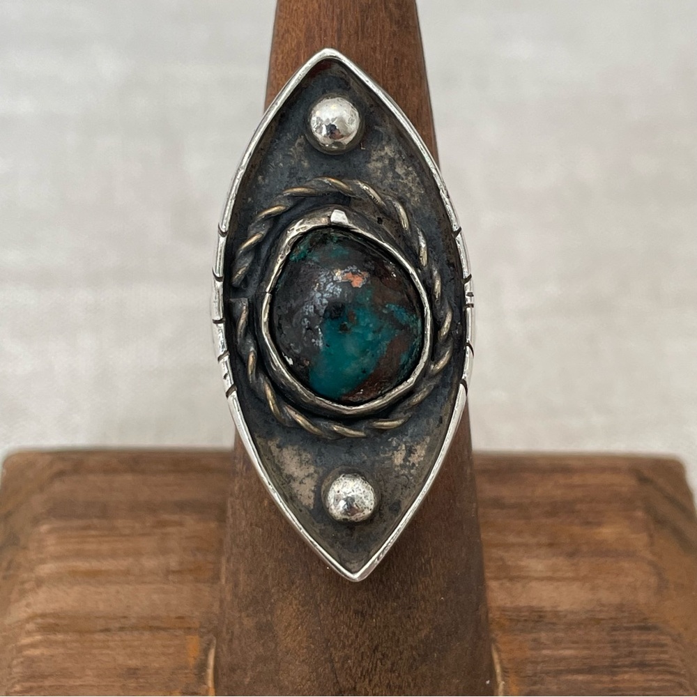 Sterling Silver Ring Size 7.25 Vintage Turquoise Split Shank Handmade Unpolished